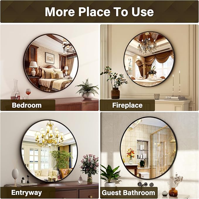 36 Inch Round Mirror - Circle Mirrors for Bathroom, Entryway and Living Room Wall Decor, Modern Hanging Vanity Mirror, Matte Black Circle Decorative Wall Mirror