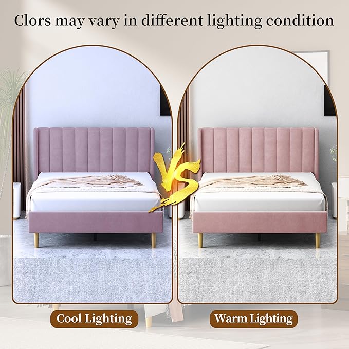 Full Size Upholstered Platform Bed Frame with Modern Wingback & Vertical Panel Headboard, Velvet Fabric, Wooden Legs & Slats Support, No Box Spring Needed, Noise-Free & Easy Assembly, Pink