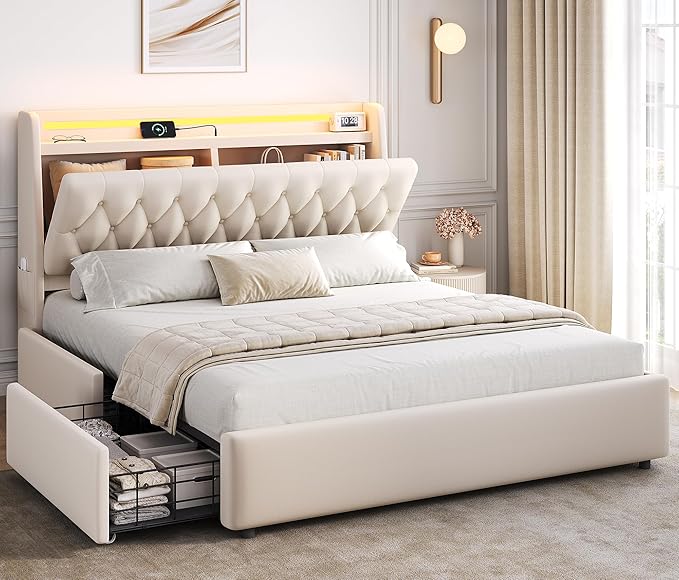 Queen LED Velvet Bed Frame with 2 Storage Drawers&Hidden Headboard, Upholstered Platform Bed with Charging Station&Button Tufted Design, Wooden Slats Support, Box Spring Optional, Easy Assembly, Beige