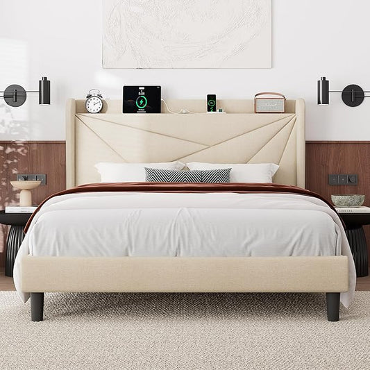 Feonase Full Size Bed Frame with Charging Station, Upholstered Linen Bedframe with Wingback Headboard, Solid Wood Slats Support, Noise Free, No Box Spring Needed, Beige