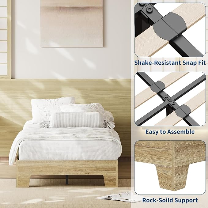 Garvee Wood Platform Bed Frame, Twin Size Bed Frame, Wood Slat Support, No Box Spring Needed, Easy Assembly, Noise-Free Design, Underbed Space for Storage