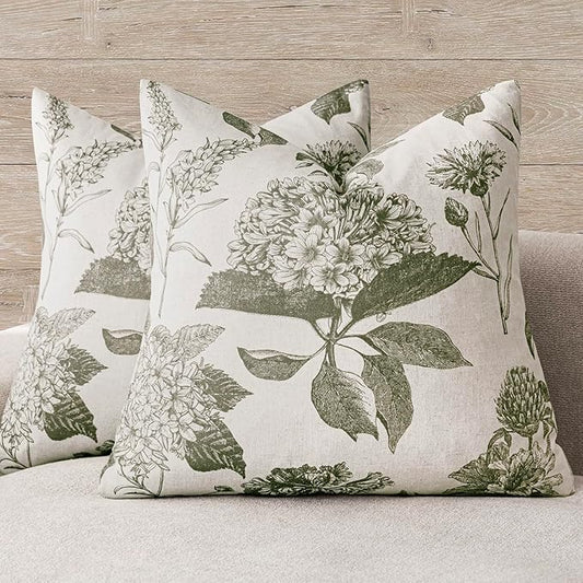 Foindtower Set of 2 Linen Floral Throw Pillow Covers Vintage Accent Print Decorative Cushion Covers Farmhouse Boho Home Decor for Sofa Chair Couch Bedroom Living Room Outdoor,20×20 Inch,Sage Green