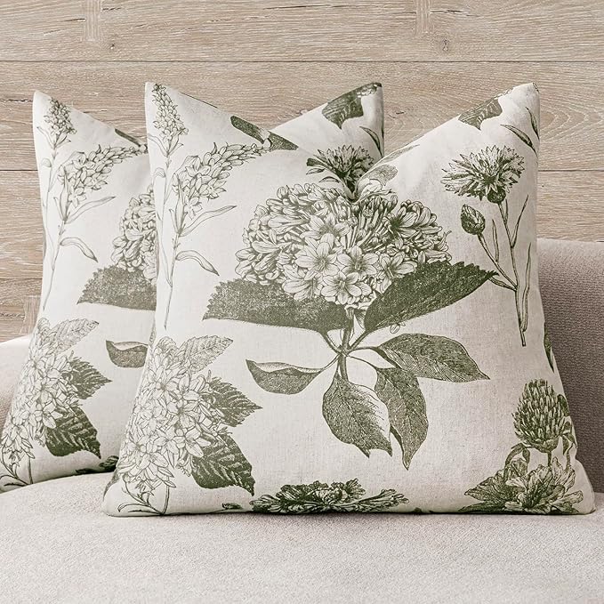 Foindtower Set of 2 Linen Floral Throw Pillow Covers Neutral Vintage Print Decorative Cushion Covers Farmhouse Boho Home Decor for Sofa Chair Couch Bedroom Living Room Outdoor,22×22 Inch,Sage Green