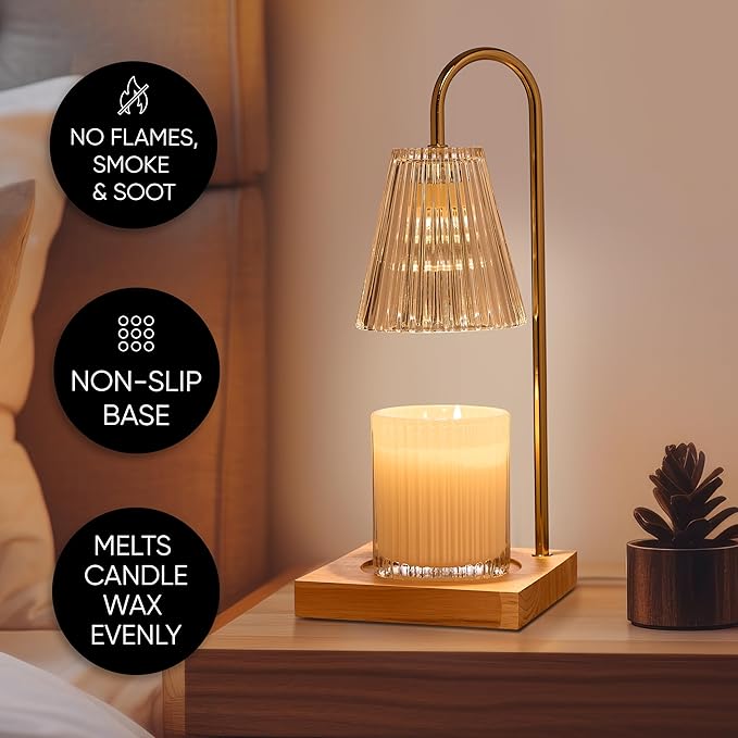 Sheffield Home Glass Candle Warmer Lamp – Gold Ribbed Glass, 14″ Flameless Candle and Wax Melter for Long-Lasting Fragrance – Elegant Decorative Warmer for Home or Office