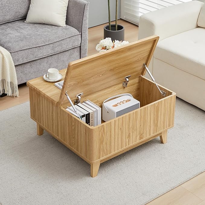 Lift Top Coffee Table, Square Coffee Table with Hidden Storage Compartment, Farmhouse Wood Center Table Dining Table for Living Room, Bedroom, Home Office (Natural)