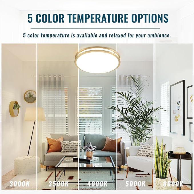 24 inch Gold Ceiling Light Fixture 48W, LED Dimmable Close to Ceiling Light Fixture 5CCT, Modern Flush Mount Ceiling Light for Living Room, Bedroom, Bathroom, Kitchen