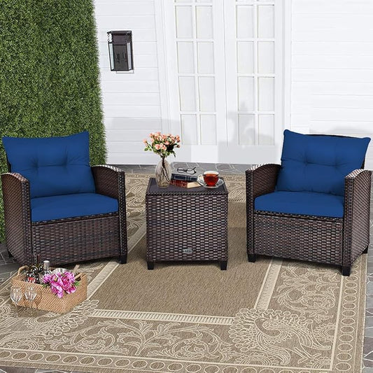 RELAX4LIFE 3 Piece Patio Furniture Set, Wicker Bistro Conversation Set w/ 2 Cushioned Armchairs & Glass Topped Table, Outdoor Rattan Sofa Set Patio Furniture for Porch Balcony Poolside (Navy Blue)