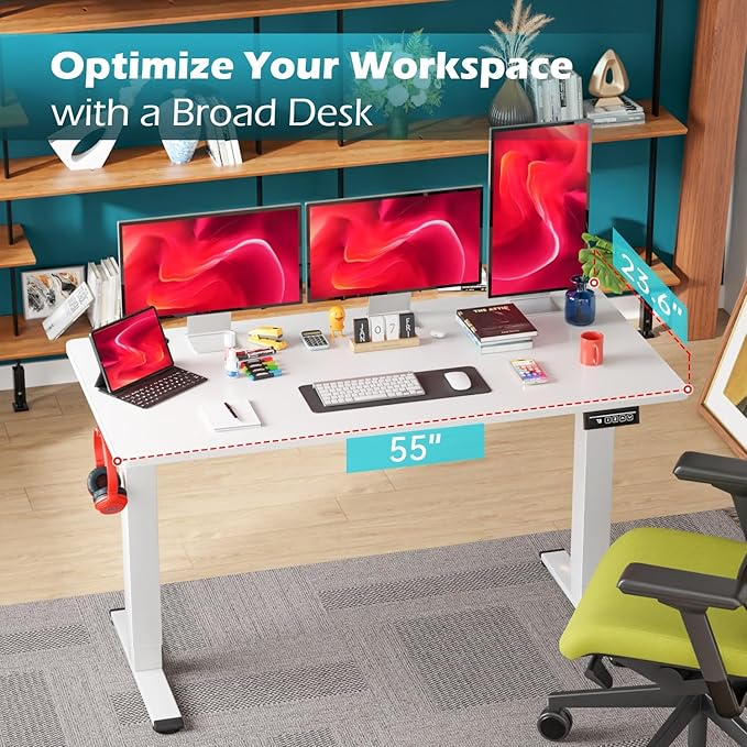 PayLessHere 55 Inch Electric Standing Desk Computer Desk with Large Space and Headphone Holder Office Desk with Electric Lifting and 2 Memory Function for Office Bedroom Meeting Room,White