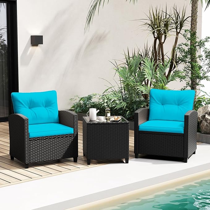 RELAX4LIFE 3-Piece Patio Furniture Set - Wicker Rattan Bistro Sofa Set w/Glass Top Coffee Table, Washable Cushions for Porch Balcony Backyard Poolside, Outdoor Furniture Conversation Set (Turquoise)