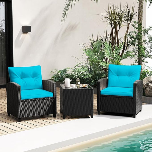 RELAX4LIFE 3-Piece Patio Furniture Set - Wicker Rattan Bistro Sofa Set w/Glass Top Coffee Table, Washable Cushions for Porch Balcony Backyard Poolside, Outdoor Furniture Conversation Set (Turquoise)