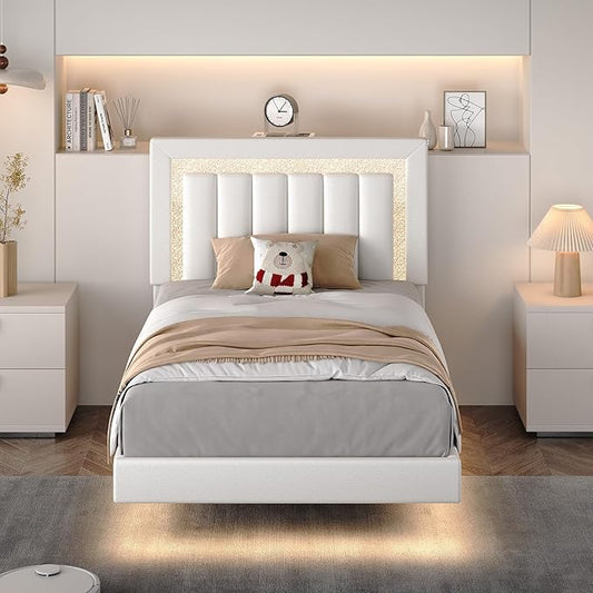HOMBCK Floating Twin Bed Frame with Smart LED Lights, Faux Leather Upholstered Platform Bed with Diamond Headboard, No Box Spring Needed, Noise-Free, Easy Assembly, White