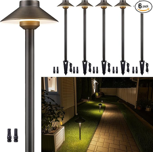 Brass Low Voltage Pathway Lights - 12V Landscape Path Lights Wired, LED Walkway Light Waterproof IP65, Hat Shaped ‎Classic Bronze for Outdoor Entrance Garden G4 Bulb Not Included (6 Pack)