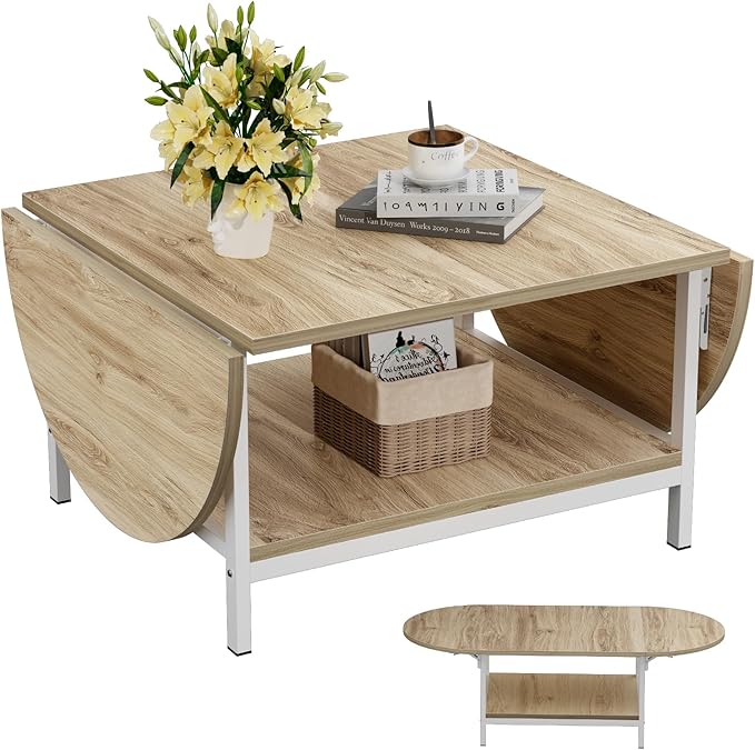SAYGOER Modern Coffee Table 2-Tier Extended Coffee Tables for Living Room 2-Tier Small Extended Table with Storage White Center Table for Large or Small Spaces, Foldable, Oak