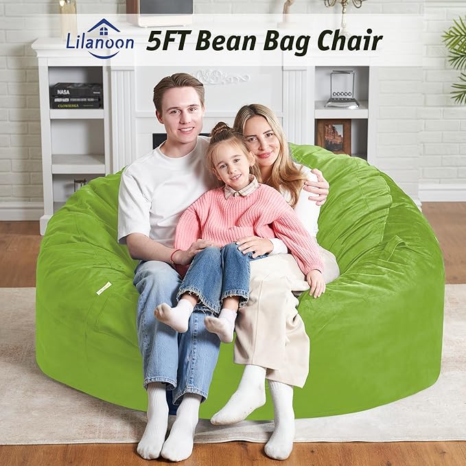5FT Bean Bag Chair with Ultra Soft Velvet Cover Bean Bag Sofa with Memory Foam Bean Bag Chairs with Large Size Lazy Sofa for Dorm Office Living Room Bedroom Grass Green 5'