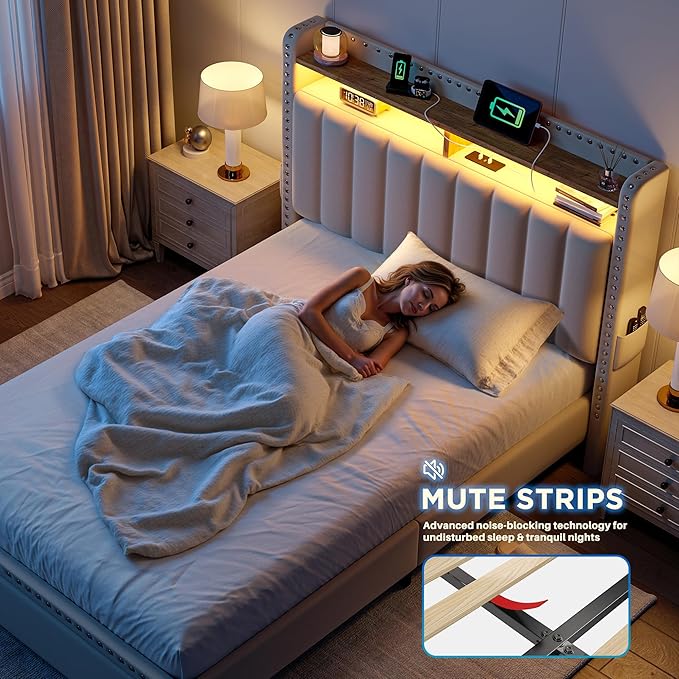 EnHomee Twin Size Bed Frame with One Large Storage Headboard & Charging Station, LED Platform Bed Frame with Storage Drawers, Sturdy Wooden Slats Support, Noise-Free, No Box Spring Needed, Beige