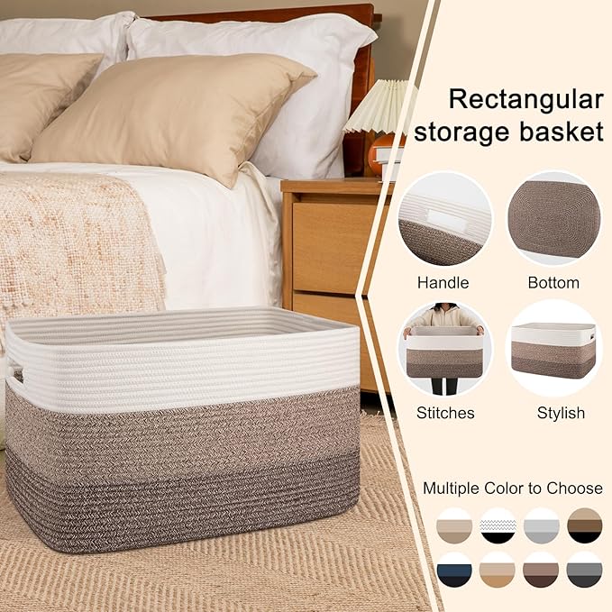 OIAHOMY Large Blanket Basket For Living Room, Rectangle Woven Baskets for Storage, Nursery Toy Storage With Handle-22”x17”x12”-Gradient Dark Brown