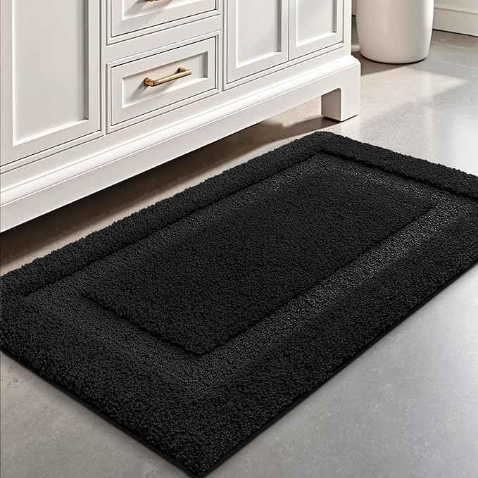 LUMI Ultra Soft Bathroom Rugs Non Slip with Rubber Backing, Absorbent Washable Bath Mat Quick Dry, Upgraded Premium Microfiber Plush Carpet for Bathtub and Shower Floor, Black, 17x30