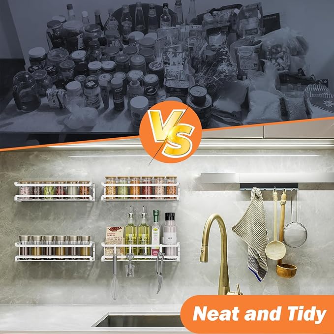 Spice Rack wall mounted 4 Pack, Space-Saving Spice Organizer for Spice Jars and Seasonings,Screw or Adhesive Hanging Spice Rack Organizer for Your Kitchen Cabinet,or Pantry Door,White