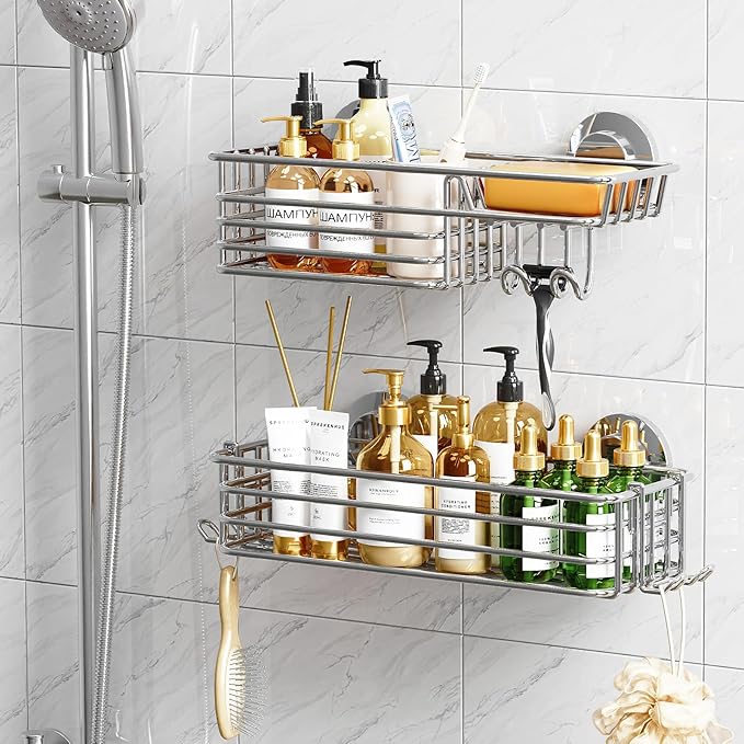 TAILI Shower Caddy Suction Cup 2 Pack with Hooks and Soap Holder, Heavy Duty Shower Organizer for Bathroom, No Drilling Silver bathroom suction shelves
