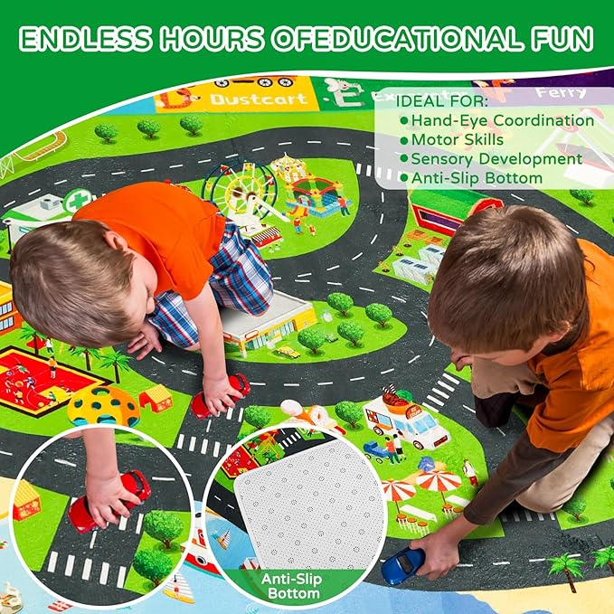 Kids Rugs Traffic Road Carpet Play Rug 47"×31.5" for Playroom Transportation ABC Educational Mat Alphabet Area Rug, Kid Playtime Collection Toddler Car Track Rug Cute Cartoon Animal Letters