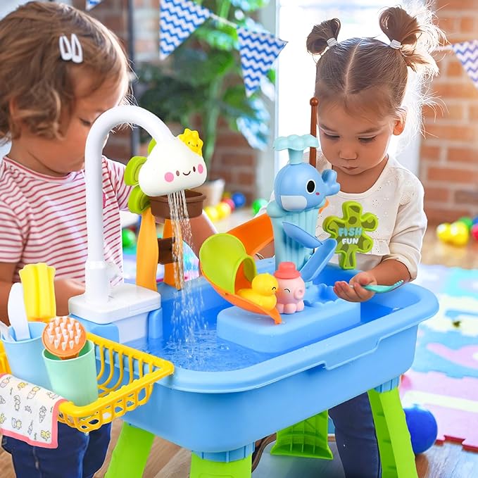 2026 Upgraded Water Table for Toddlers 1-3, Water Table with Pump,Toy Kitchen Sets for Kids Ages 4-8, with Detachable Legs, Play Sink with Electric Faucet, Includes Play Vegetables and Fishing Game