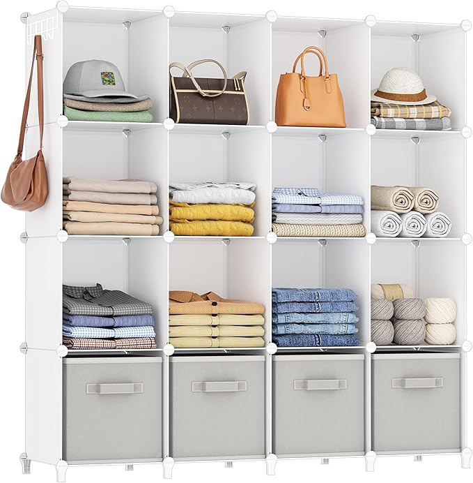 HOMIDEC Closet Organizers and Storage, 16 Cube Storage Organizer, Closet Organizer Bookshelf Cubes Shelves for Clothes, Bedroom, Kids Room, Bathroom, Wardrobe, Garment Racks, White