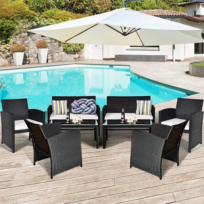Tangkula Patio Wicker Conversation Furniture Set, Patiojoy Sofa & Table Set w/4 Seats, Outdoor Rattan Sofa Set for Balcony Backyard, Wicker Chair Set with Tempered Glass Coffee Table (2, White)