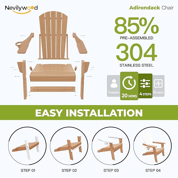 nevilywood Folding Adirondack Chair - Extended Ergonomic Backrest, Cup Holder - Easy Assembly - Durable HDPE Plastic, Weather Resistant & Maintenance-Free - Lawn, Patio, Deck Supports 380lbs,Teak