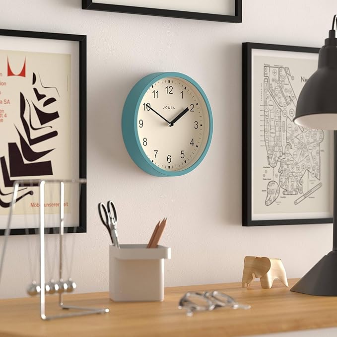 JONES CLOCKS® Spin Wall Clock | Small Modern Round Clock | 8inch | Teal Blue | Easy to Read Numbers | Ideal for Kitchen, Office, Children’s Room or Any Small Space