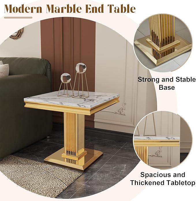 Faux Marble End Table, White Square Side Table with Golden Pillar Stainless Steel Base, Modern Accent End Table for Living Room, Office, Easy Assembly