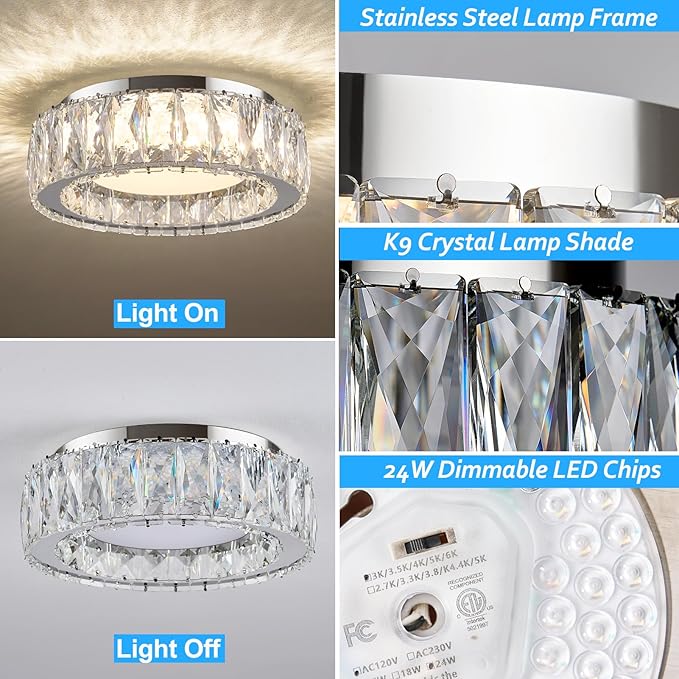 11 Inch Chrome Modern Luxury Crystal Flush Mount Ceiling Light Fixture,5CCT 3000K-6000K 24W,Round Small Dimmable Led Chandelier Hallway Lighting for Entryway,Kitchen,Bedroom,Laundry Room