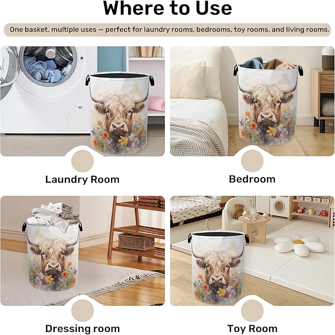 Highland Cow Summer Flowers Large Clothes Hamper Bag - Laundry Basket with Handles, Space Saving Foldable Design for Nursery