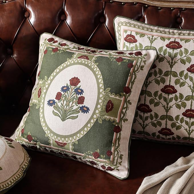 Design Linen Square Throw Pillow Covers 18"x18" Pack of 2, Yellow Green French Cushion Covers with Red Rose Floral Pattern Decoration Pillowcases for Bed, Living Room, Outdoor, Car