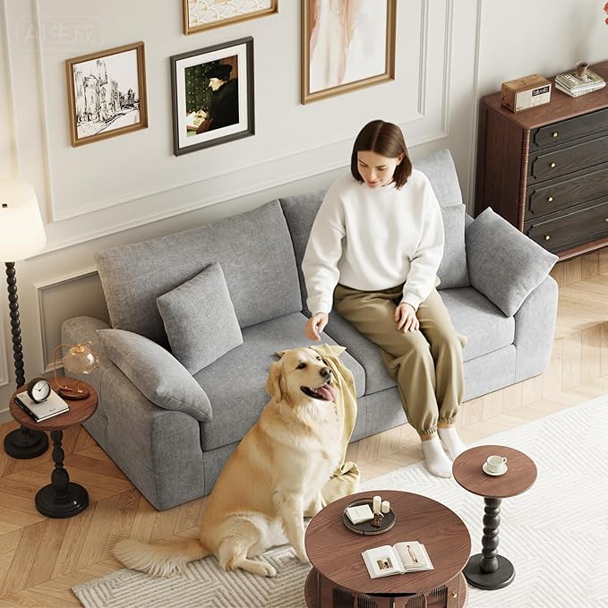 90" Boneless Loveseat Sofa, Cloud Foam Couch, 3 Seater Upholstered Midcentury Mondern Love Seat, Wide Armrest and 4 Pillows for Home Living Room/Small Spaces, No Assembly Required, Grey