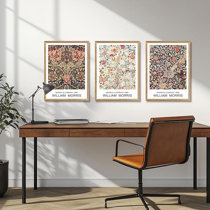 Cyebmo Wood Framed William Morris Wall Art Set of 3, Rustic Farmhouse Floral Wall Decor, Retro Flower Plants Aesthetic Picture, Vintage Botanical Art Prints for Living Room Bedroom Bathroom 12"x16"x3