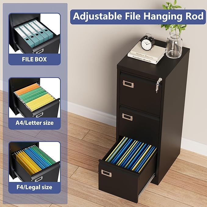 3 Drawer File Cabinet with Lock, Metal Filing Cabinets, Vertical Small Filing Cabinet Steel Lockable Storage Cabinets for Home Office to Organization Hanging Letter/Legal/F4/A4