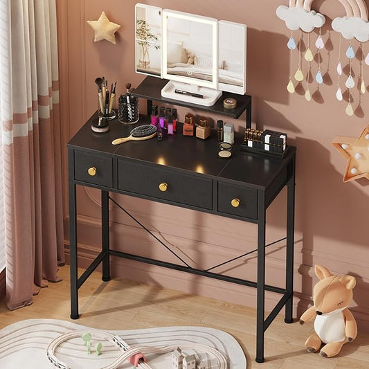 Small Makeup Vanity Desk 27.5''W with Mirror and Lights, Vanity Desk with 3 Fabric Drawers and Height-Adjustable Stand, Vanity Table for Girls Gifts, Bedroom and Small Spaces, Black