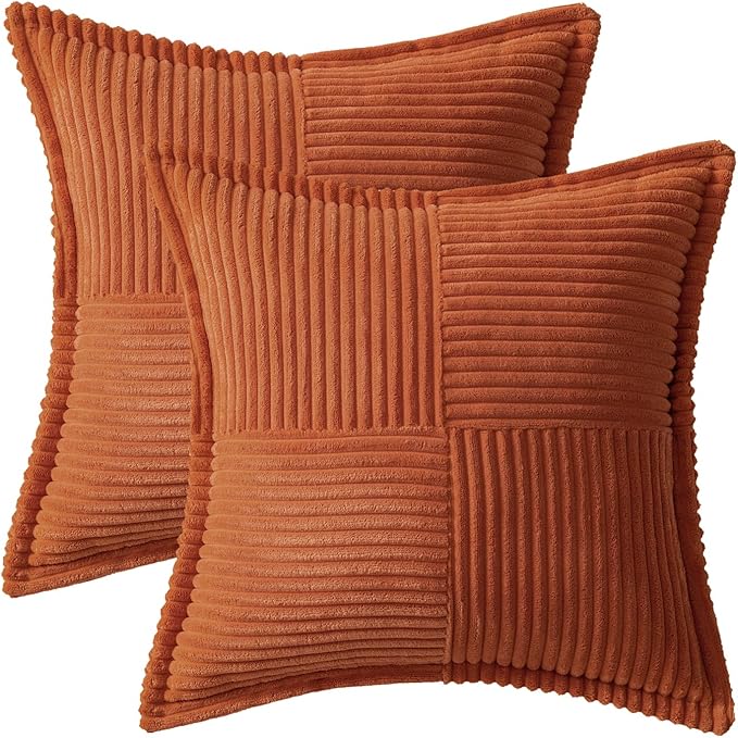 MIULEE Rust Fall Corduroy Decorative Euro Sham Pillow Covers 24x24 Inch with Splicing Set of 2 Soft Boho Pillow Covers Broadside Textured Summer Pillowcases for Couch Bed Livingroom