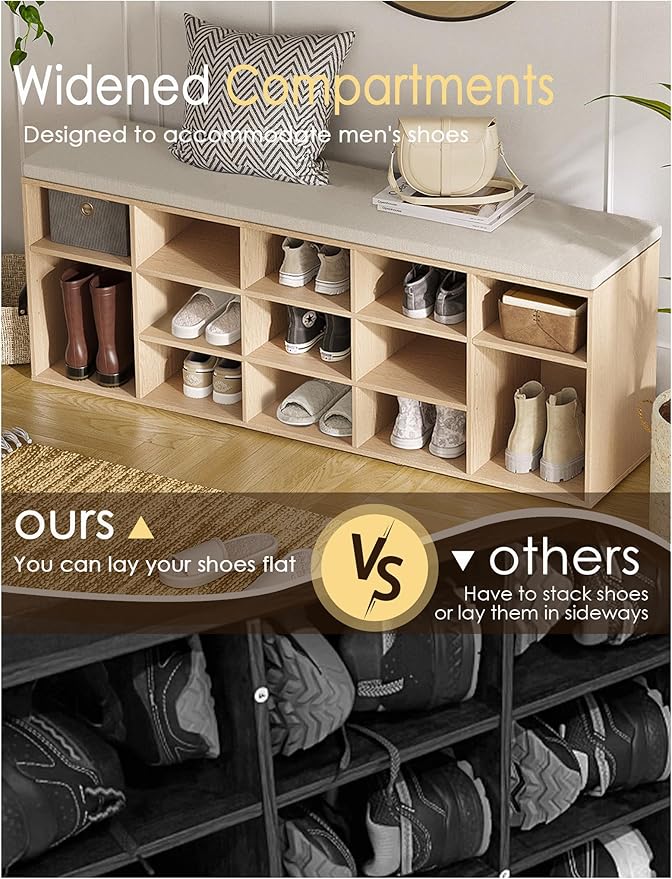 DINZI LVJ Shoe Storage Bench with Cushion, 15-Cubby Shoe Rack, Adjustable Shelves, Long Shoe Organizer Bench for Entryway, Mudroom, Hallway, Living Room, Bedroom and Garage, Natural