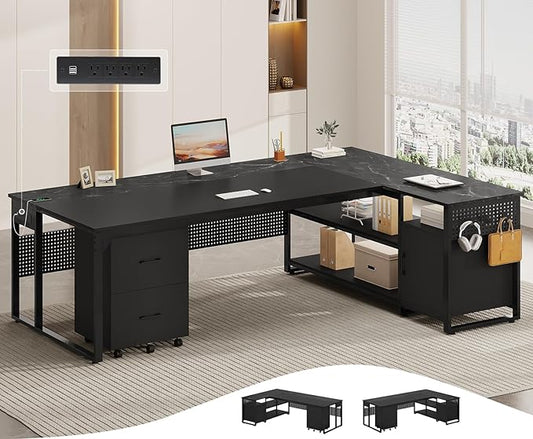 71" Executive Desk, Reversible L Shaped Desk with Mobile File Cabinet & Power Outlets, Large Office Desk with Drawers, Storage Shelves, Hooks, Corner Computer Desk for Home Office (Black)