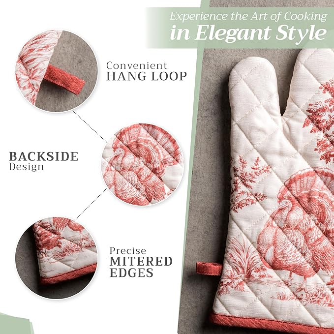 Maison d' Hermine Oven Gloves 100% Cotton Oven Mitt 7" x 13" with Loop Heat Resistant BBQ Cooking Gloves for Thanksgiving Christmas Decorations Baking Handling Hot Pans (Pack of 1, Holy Jouy - Red)