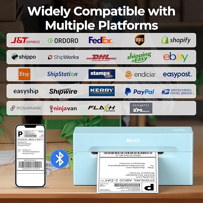 Nelko Bluetooth Thermal Shipping Label Printer, 4x6 Shipping Label Printer for Shipping Packages, Support Android, iPhone and Windows, Widely Used for Amazon, Ebay, Shopify (Blue)