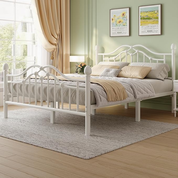 Full Metal Platform Bed Frame, Bed Frame with Victorian Headboard and Footboard, Strong Metal Slats Support, Mattress Foundation No Box Spring Needed, Easy Assembly, Noise Free, White