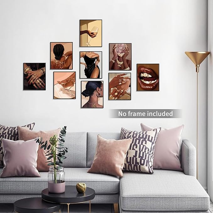 SEHSUVC Black Girl Posters Wall Art Set of 9, Abstract African American Woman Wall Decor Painting, Trendy Boho Artwork Aesthetics Prints for Living Room Bedroom Home Decor Unframed 8x10In