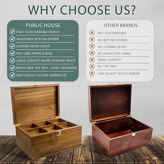 Public House Locking Wooden Keepsake Box, Customizable Design With Adjustable Tray. Large Wooden Box with Hinged Lid for Wedding and Memory Keepsakes
