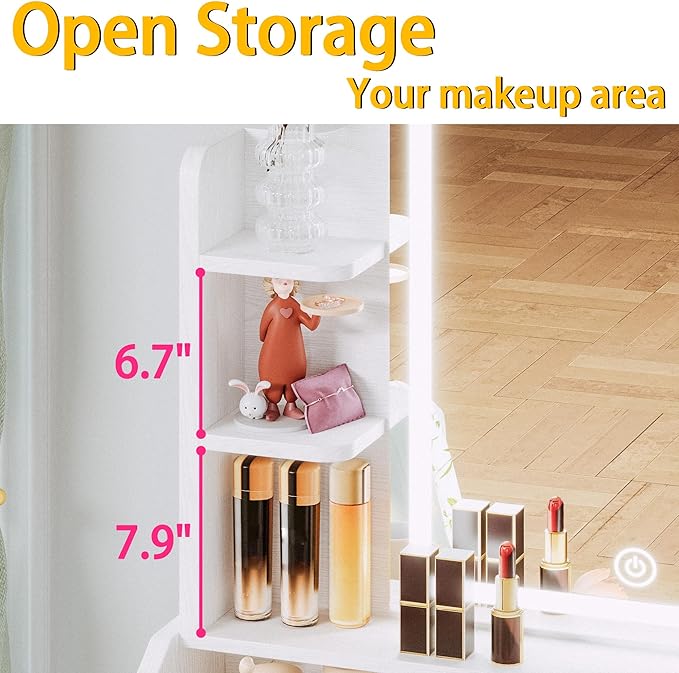 LIKIMIO Small Makeup Vanity Desk with Mirror and Lights, Vanity Table Set with Storage Drawer, Chair and Three Shelves, Bedroom, White