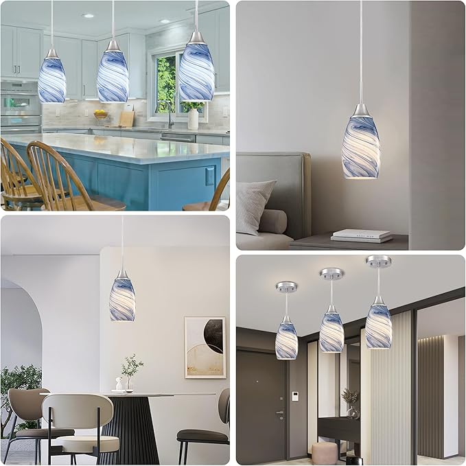 Glass Pendant Light with Handblown Dark Blue Marble Art Glass Shade Ceiling Light 3-Pack Mini Hanging Pendant Light for Kitchen Island,Dining Room,Living,Foyer,Hallway