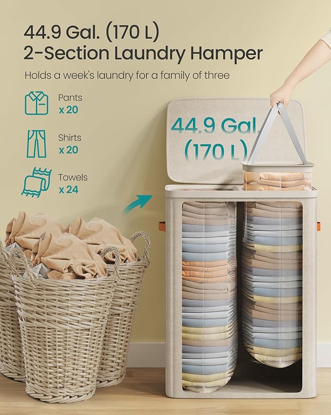 SONGMICS Laundry Basket, 44.9 Gal. Laundry Hamper, 2 Compartments, Easy Assembly, with Lid and Handles, Removable Liners, 22 x 15.7 x 29.5 Inches, Cappuccino Beige ULCB813L01