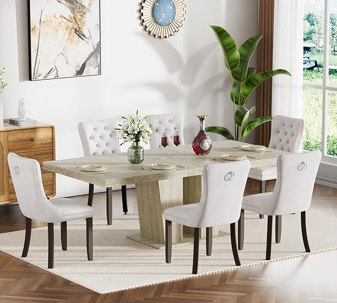 Goujxcy 7-Piece Extendable Dining Table Set for 6, 63-78 Inch Faux Travetine Kitchen Table Set with 6 Beige Upholstered Chairs Modern Wood Expandable Dining Room Table Set for Kitchen Apartment