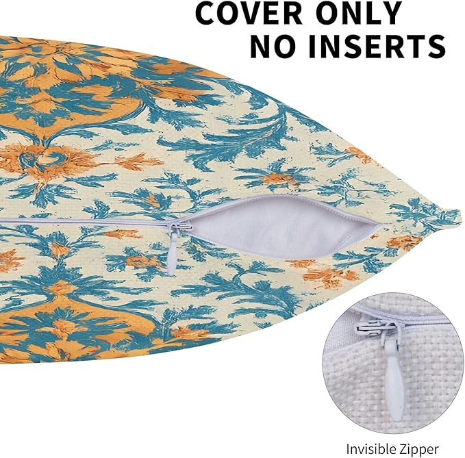 Light Orange Blue Boho Pillow Covers 18x18 Inch Set of 2 Bohemian Ethnic Carpet Pattern Floral Decorative Throw Pillows Fall Vintage Outdoor Cushion Covers for Sofa Bed Couch Living Room Decor